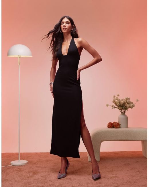 Oh Polly Pink Mei Split Halterneck Maxi Dress