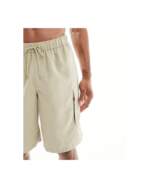 Pantaloncini da bagno taglio lungo color pietra con tasche stile cargo di ASOS in White da Uomo