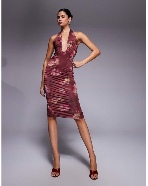 Oh Polly Red Ornella Plunge Halter Neck Midi Dress