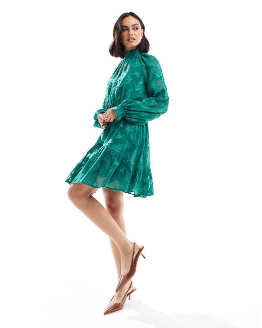 ASOS Green High Neck Big Sleeve Jacquard Mini Dress