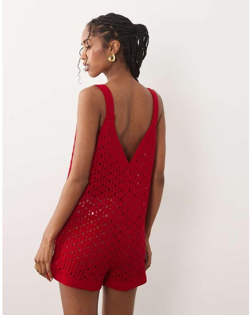 Miss Selfridge Red Crochet Playsuit