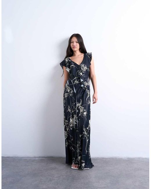 Vestido Largo Monocromático Con Estampado Floral, Costuras Sin Rematar Y Volantes De -Negro TOPSHOP de color Blue