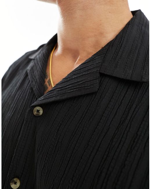 ASOS Black Relaxed Revere Crinkle Texture Shirt for men