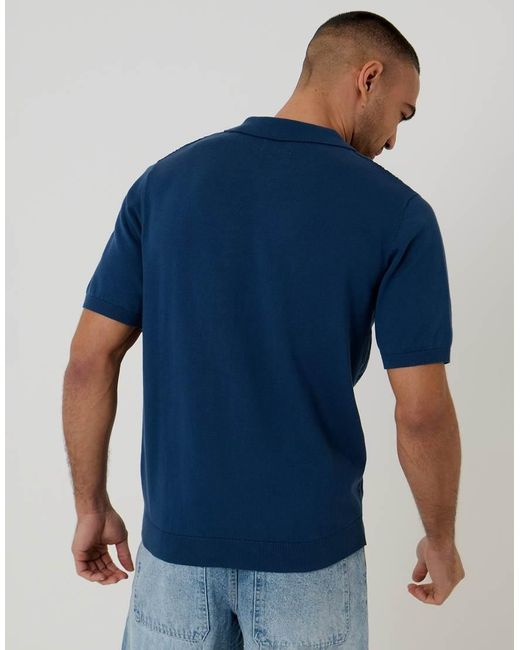 Threadbare Blue Diamond Cable Knit Quarter Zip Polo for men