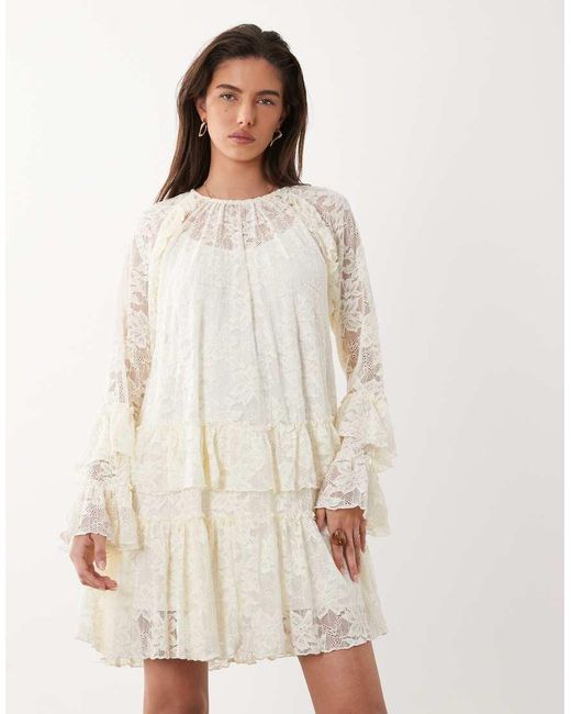 Y.A.S Natural Floral Lace Ruffle Detail Mini Dress