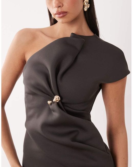 ASOS Brown Asymmetric One Shoulder Midi Dress With Trim