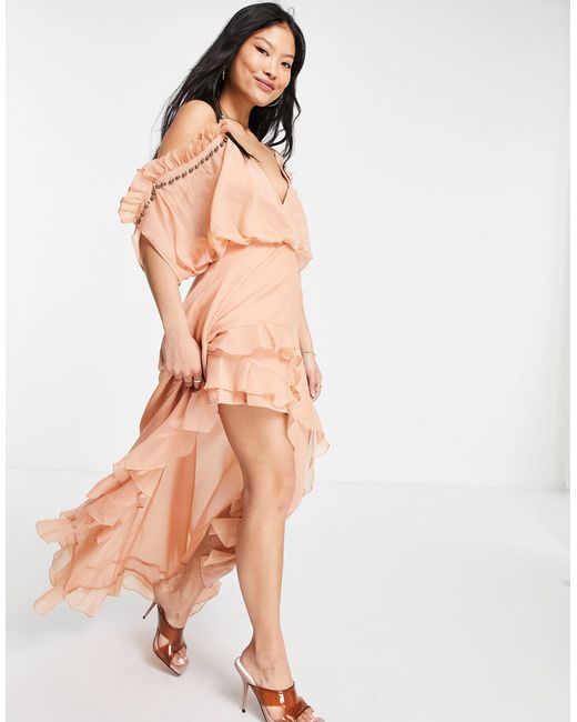 asos design dipped hem maxi dress with 3d embellishment and ruffle sleeve