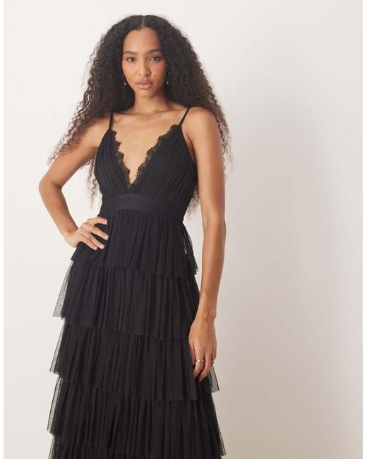 LACE & BEADS Blue V Neck Lace Tiered Tulle Maxi Dress