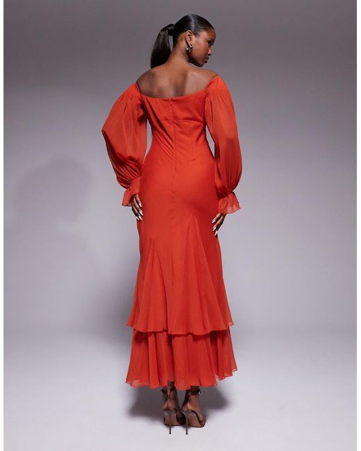 ASOS Red Off The Shoulder Ruffle Maxi Dress With Tie Godets And Blouson Sleeves