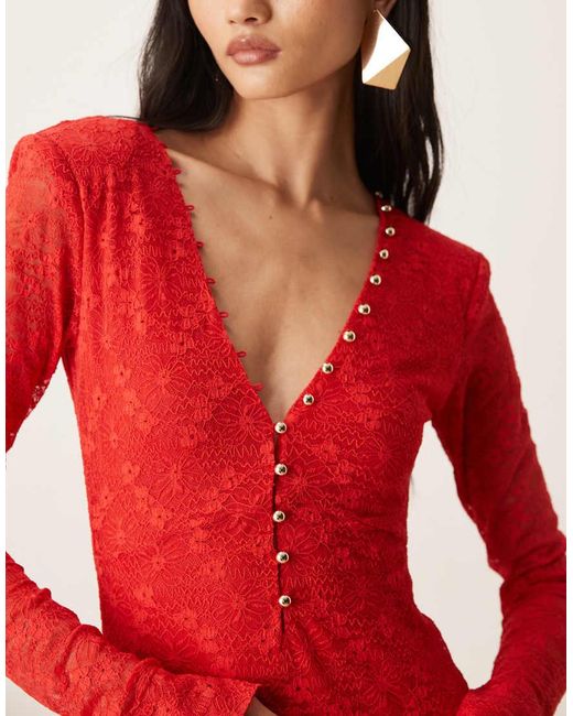 Bardot Red Zenia Lace Overlay Plunge Button Detail Long Sleeve Midi Dress