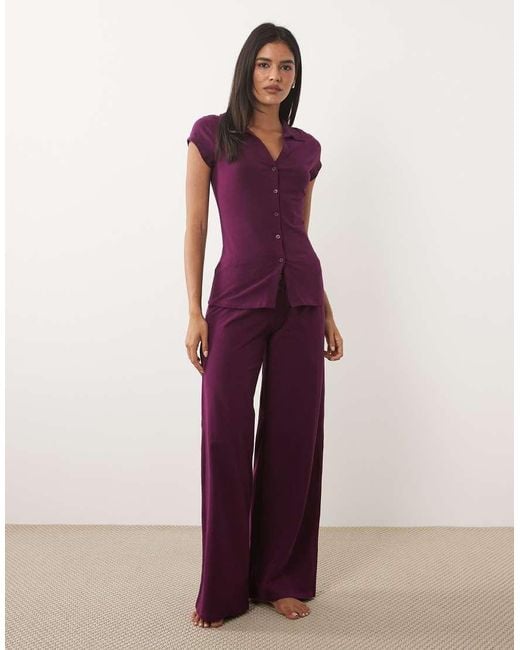 Cotton On Purple Dreamy Button Down Top And Flared Pants Pajama Set