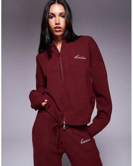 Kaiia Red Knitted Embroide Logo Zip Through Jumper Co-ord