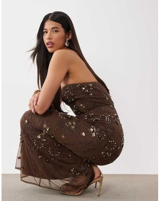 Beauut Brown Embellished Corset Strapless Slit Back Maxi Dress