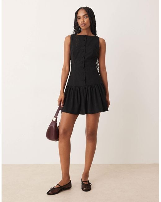 ASOS Black Cord Slash Neck Button Down Dropped Waist Mini Dress