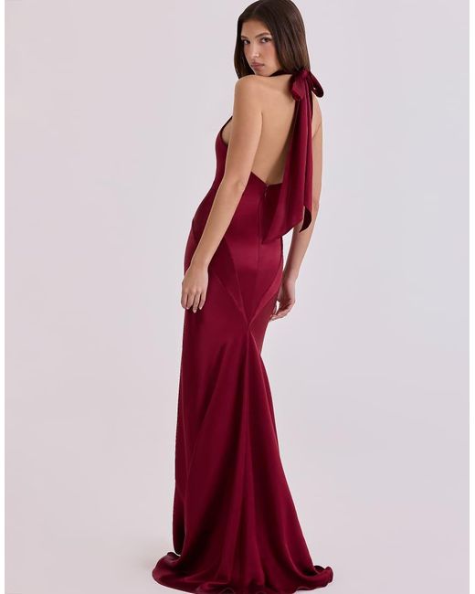 House Of Cb Red Oliviana Wine Satin Halter Maxi Dress