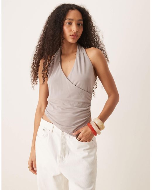 Mango White Asymmetric Halter Neck Top With Ruched Cinch Waist Detail