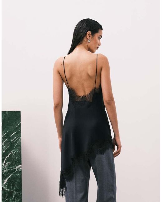 Mango Black Asymmetric Hem Longline Satin Cami Top With Lace Edge