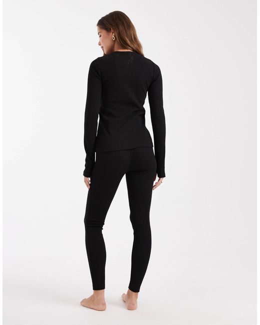Threadbare Black Ribbed Button Down Long Sleeve Loungewear Set