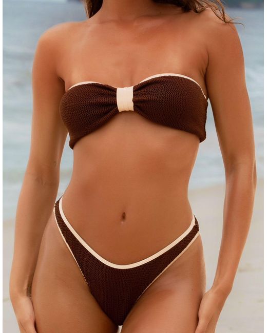 Moda Minx Brown X Agnes Pimentel Scrunch Contrast Binding Knot Front Bandeau Bikini Top