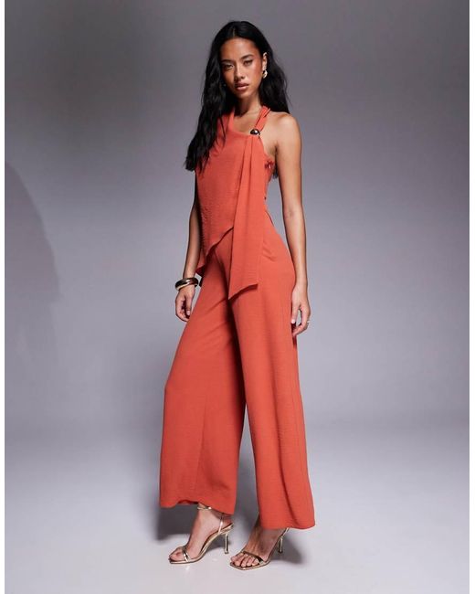 ASOS Red Trim Detail Halter Overlay Jumpsuit