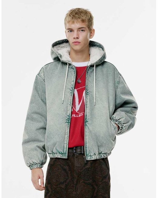 Pull&Bear Gray Denim Jacket With Hood, Zip And Fur Lining for men