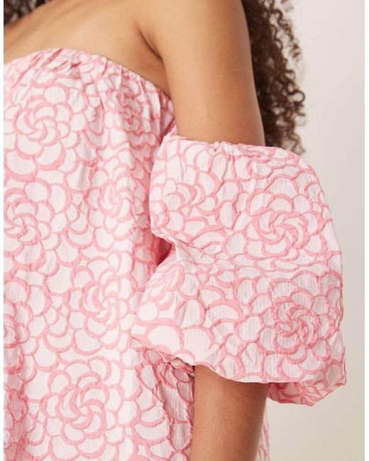 Y.A.S Pink Textured Rose Jaquard Off Shoulder Mini Dress