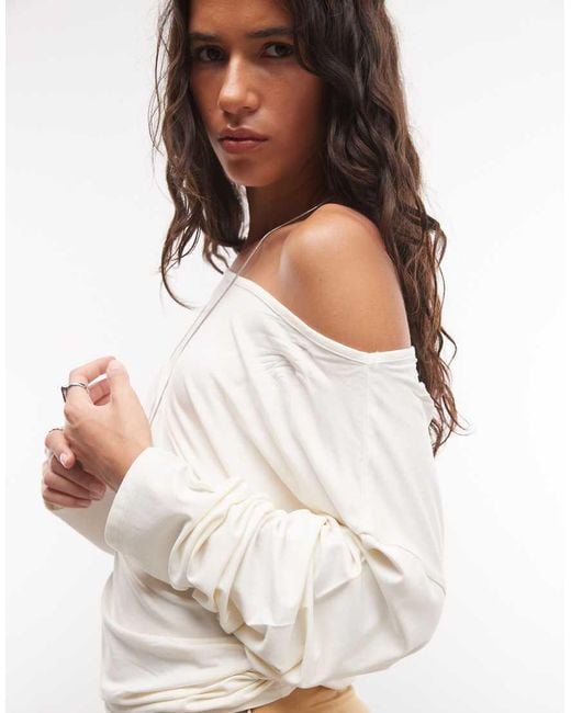 Collusion Natural Long Sleeve Drapey Off-shoulder Top
