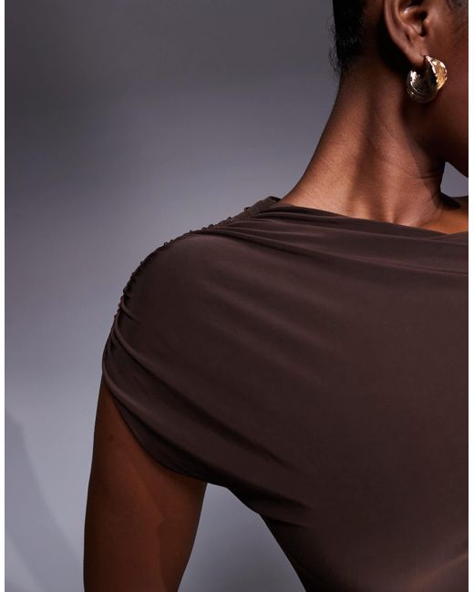 Kaiia Purple Exclusive Double Layered Slinky Drape Off Shoulder Sheer Mesh Panel Maxi Dress