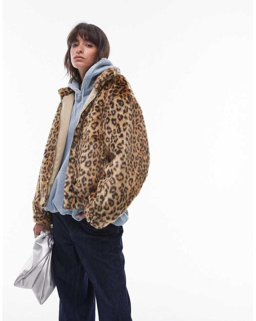 TOPSHOP Blue Faux Fur Leopard Print Zip Through Bomber Jacket