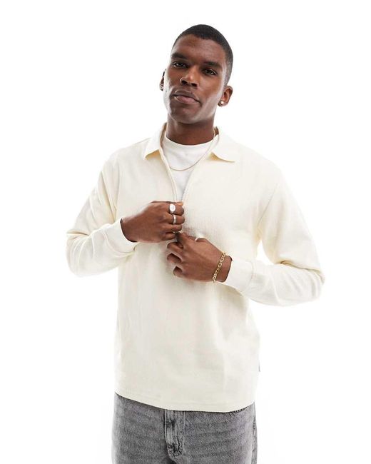 Only & Sons White Long Sleeve 1/4 Zip Polo Top for men