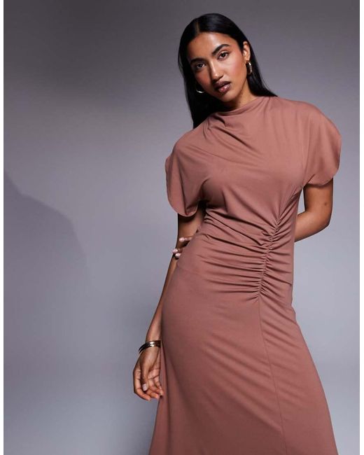 ASOS Gray Grown On Neck Flutter Sleeve Ruched Detail Maxi Dress