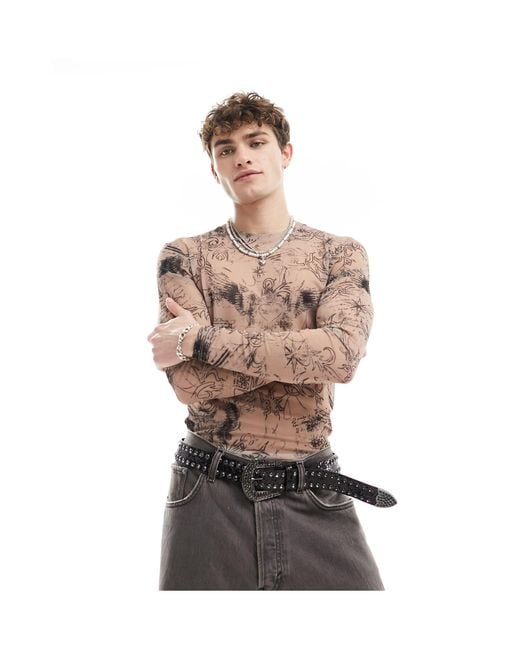 ASOS Natural Muscle Fit Long Sleeve Mesh T-shirt With Tattoo Print-neutral for men