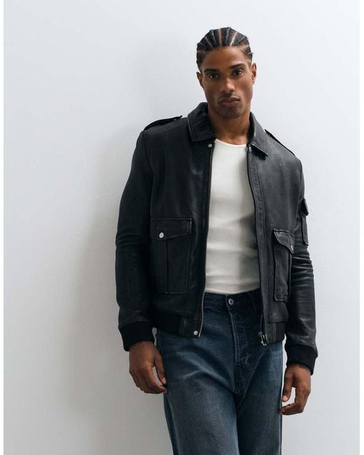 Barney's Originals Blue Veg-Tanned Real Leather Bomber Jacket for men
