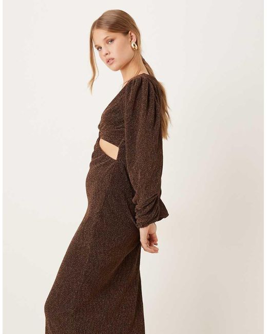 Pretty Lavish Brown Shimmer V Neck Balloon Sleeve Cut Out Maxi Dress