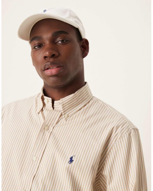 Polo Ralph Lauren Natural Icon Logo Stripe Stretch Poplin Shirt Custom Fit for men