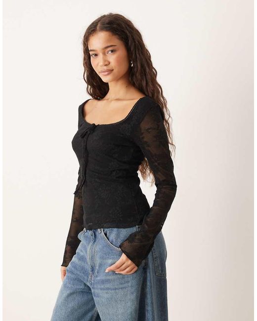 Gina Tricot Blue Long Sleeve Tie Front Flower Jacquard Top