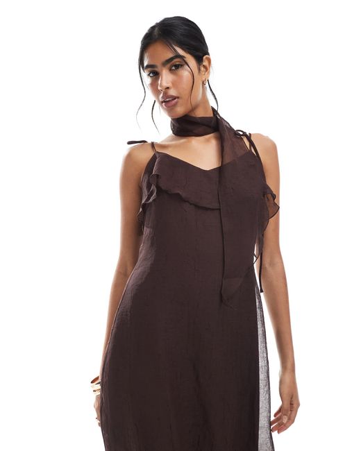 Vero Moda Brown Chiffon Asymmetric Hem Ruffle Dress With Scarf Detail