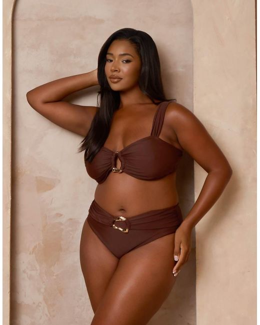 Moda Minx Curve Brown X Alessa Tyrrell-charles Wide Strap Bikini Top With Hoop Detail
