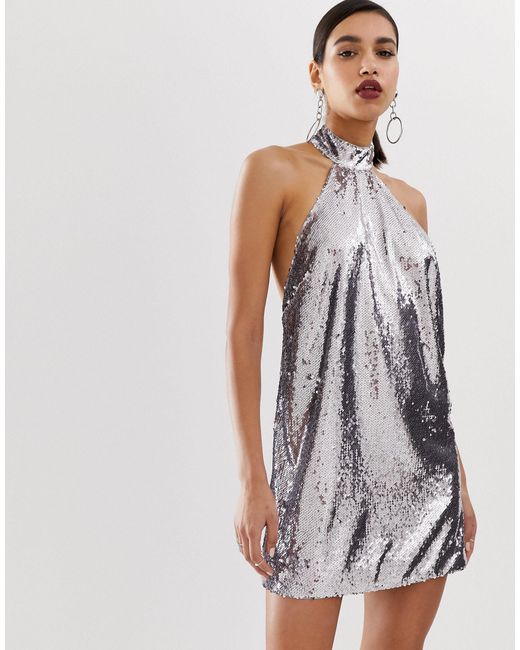 ASOS Halter Neck Mini Dress in Metallic | Lyst