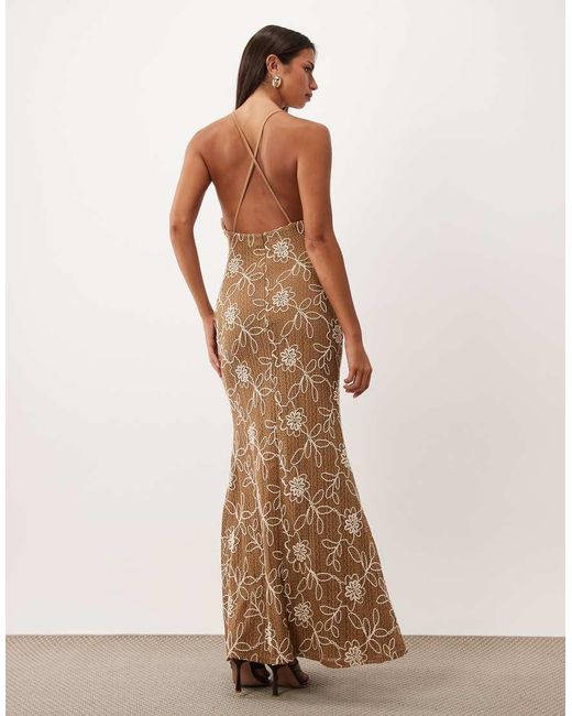 ASOS Natural Embroidered Crochet Maxi Dress With Cut Outs