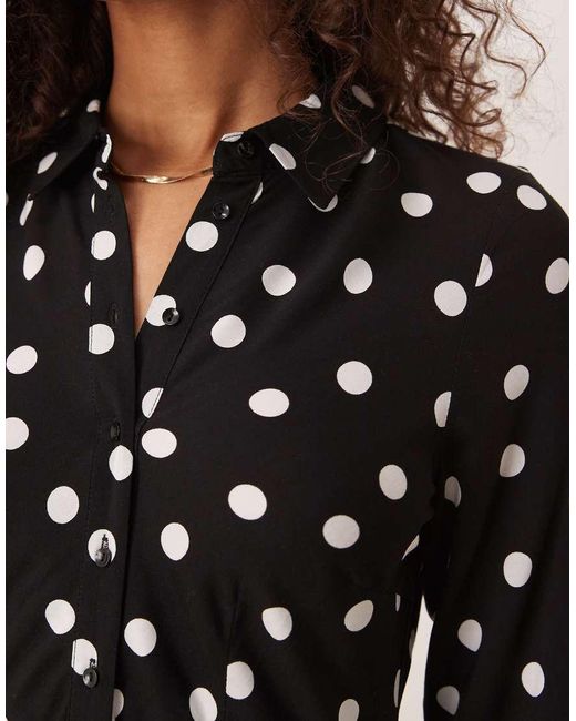 Vestido Camisero Largo Negro Con Estampado De Lunares De Y.A.S de color Black