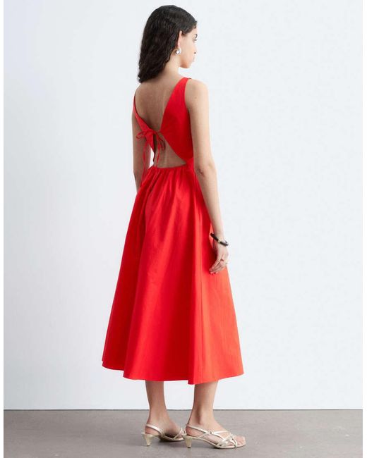& Other Stories Red Rich Cotton Volume Waist Hem Midi Dress