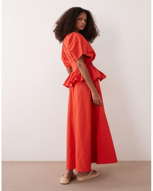 ASOS Red V Neck Nipped Waist Peplum Maxi Dress