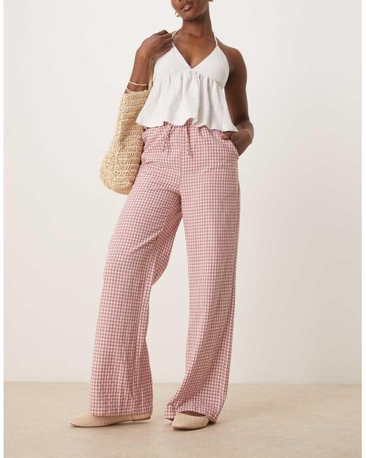 Threadbare Broek Met Wijde Pijpen En Gestrikte Taille En Gingham Ruit in het Pink