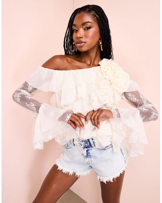 ASOS Natural One Shoulder Lace Top With Organza Ruffles
