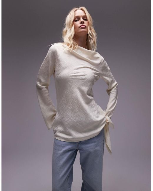 TOPSHOP Gray Animal Jacquard Slash Neck Long Sleeve Top