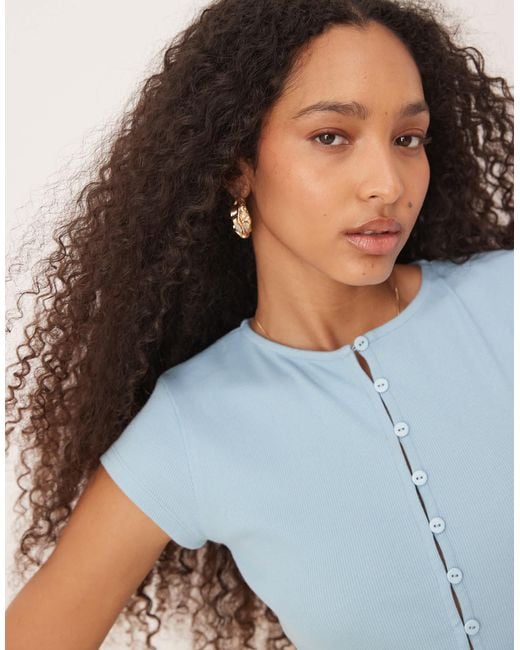 ASOS Blue Compact Mini Rib Button Through Short Sleeve Top