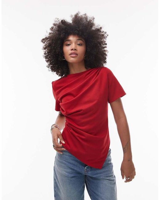 & Other Stories Red Jersey T-shirt With Drape Front And Asymmetric Split Hem