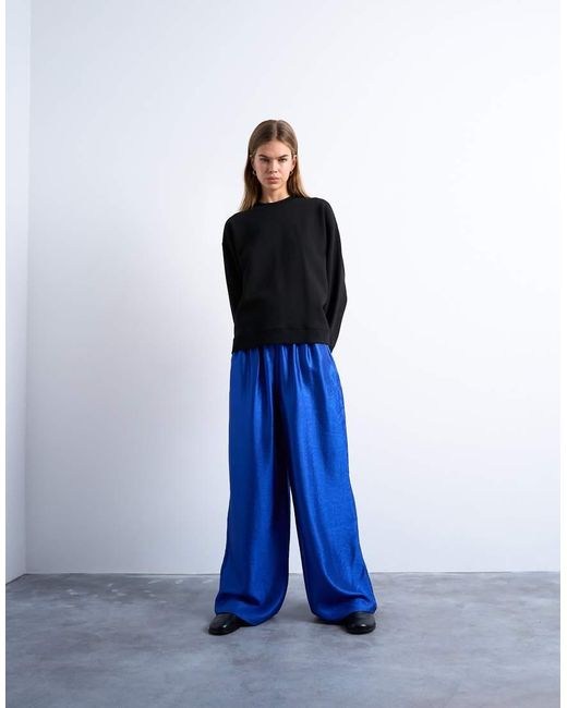 TOPSHOP Blue Textured Satin Straight Leg Trouser
