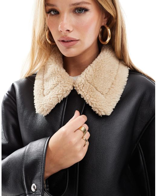 ASOS Borg Collar Oversized Flight Jacket in Black | Lyst